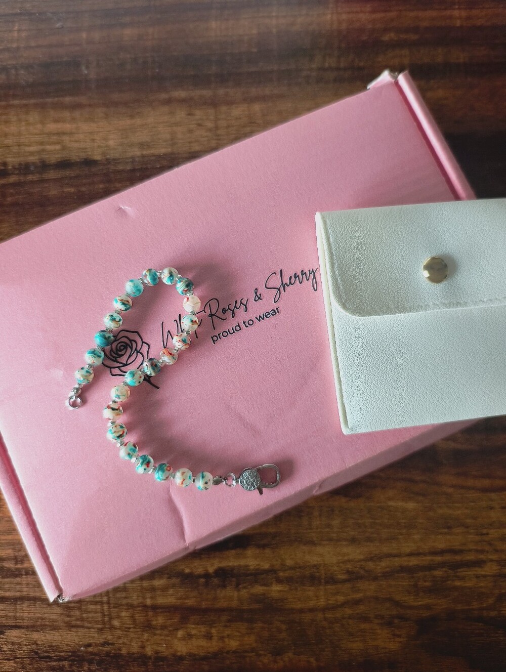 White Roses & Sherry Glass Bead & Stainless Steel Bracelet 8"